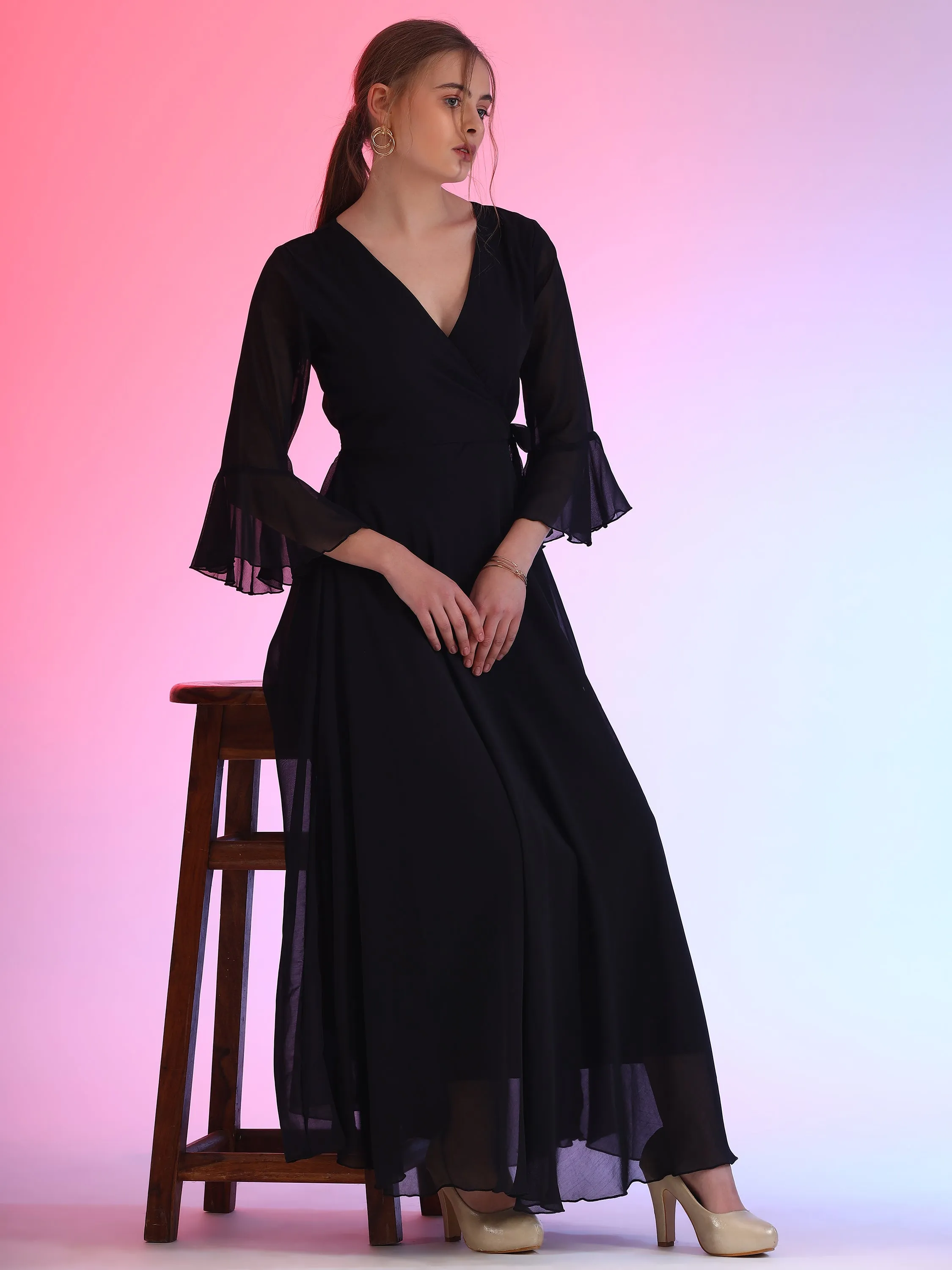 Women Solid V-Neck Flare Sleeve Fit and Flare Maxi Dress