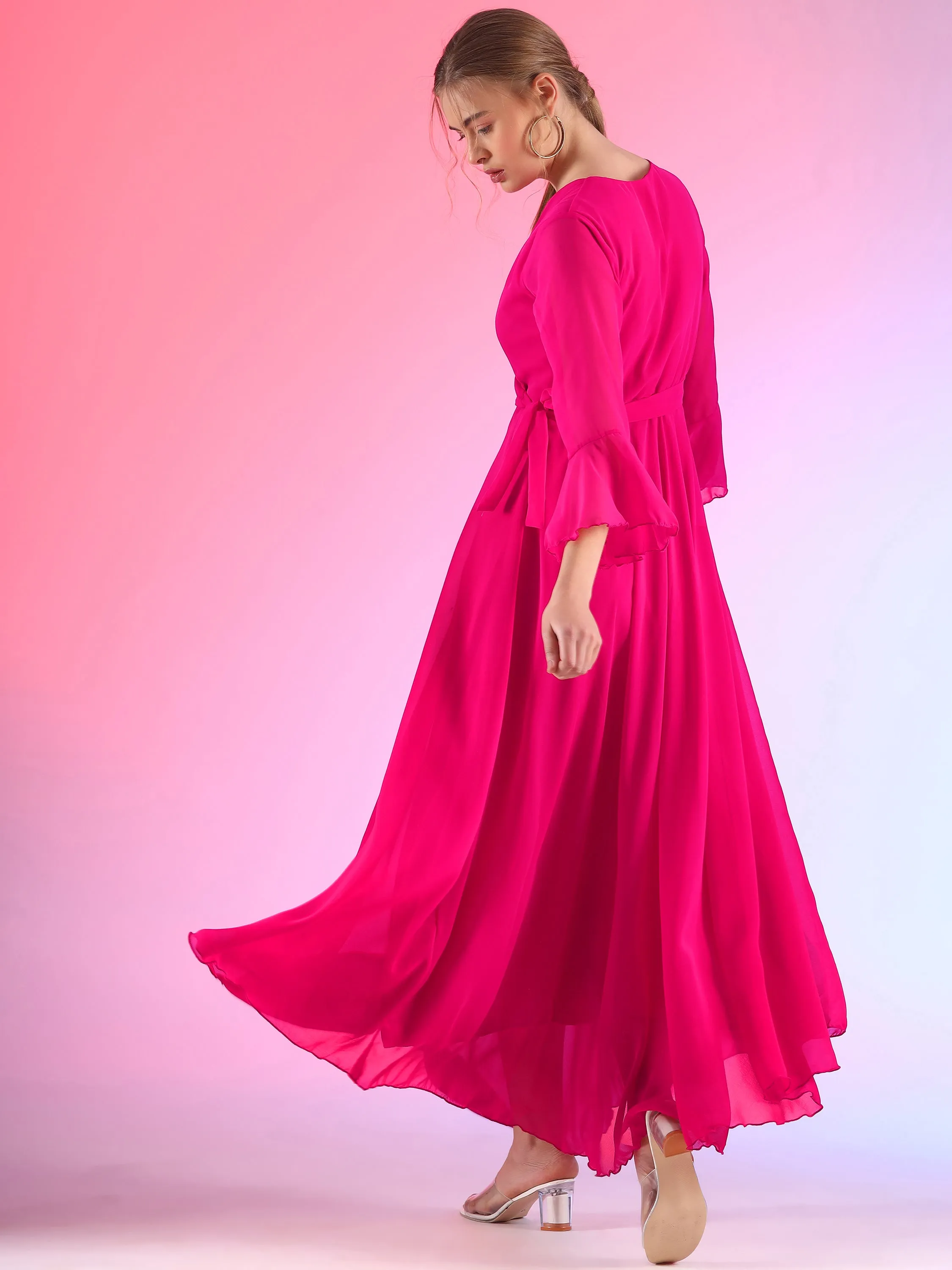 Women Solid V-Neck Flare Sleeve Fit and Flare Maxi Dress