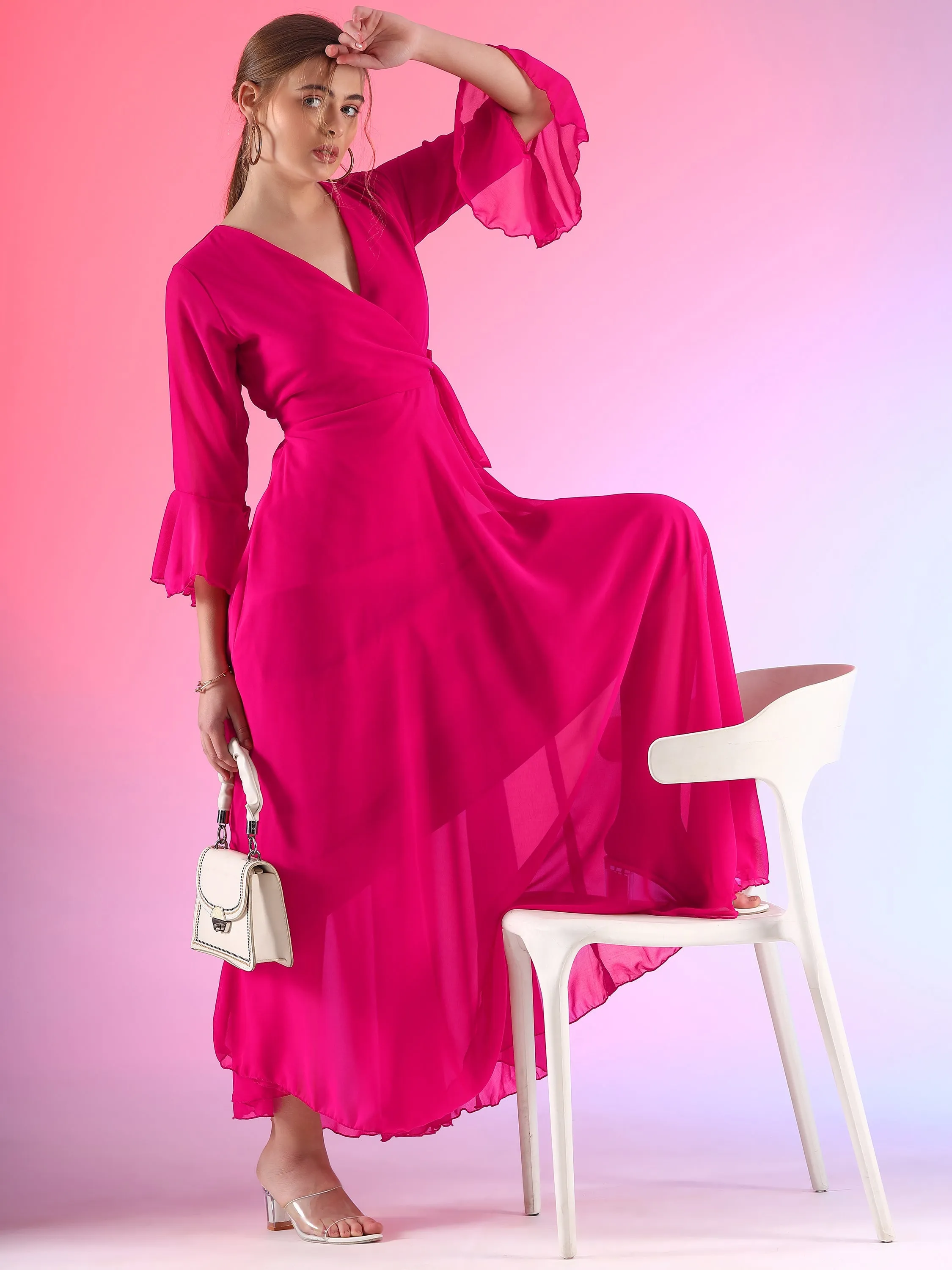 Women Solid V-Neck Flare Sleeve Fit and Flare Maxi Dress