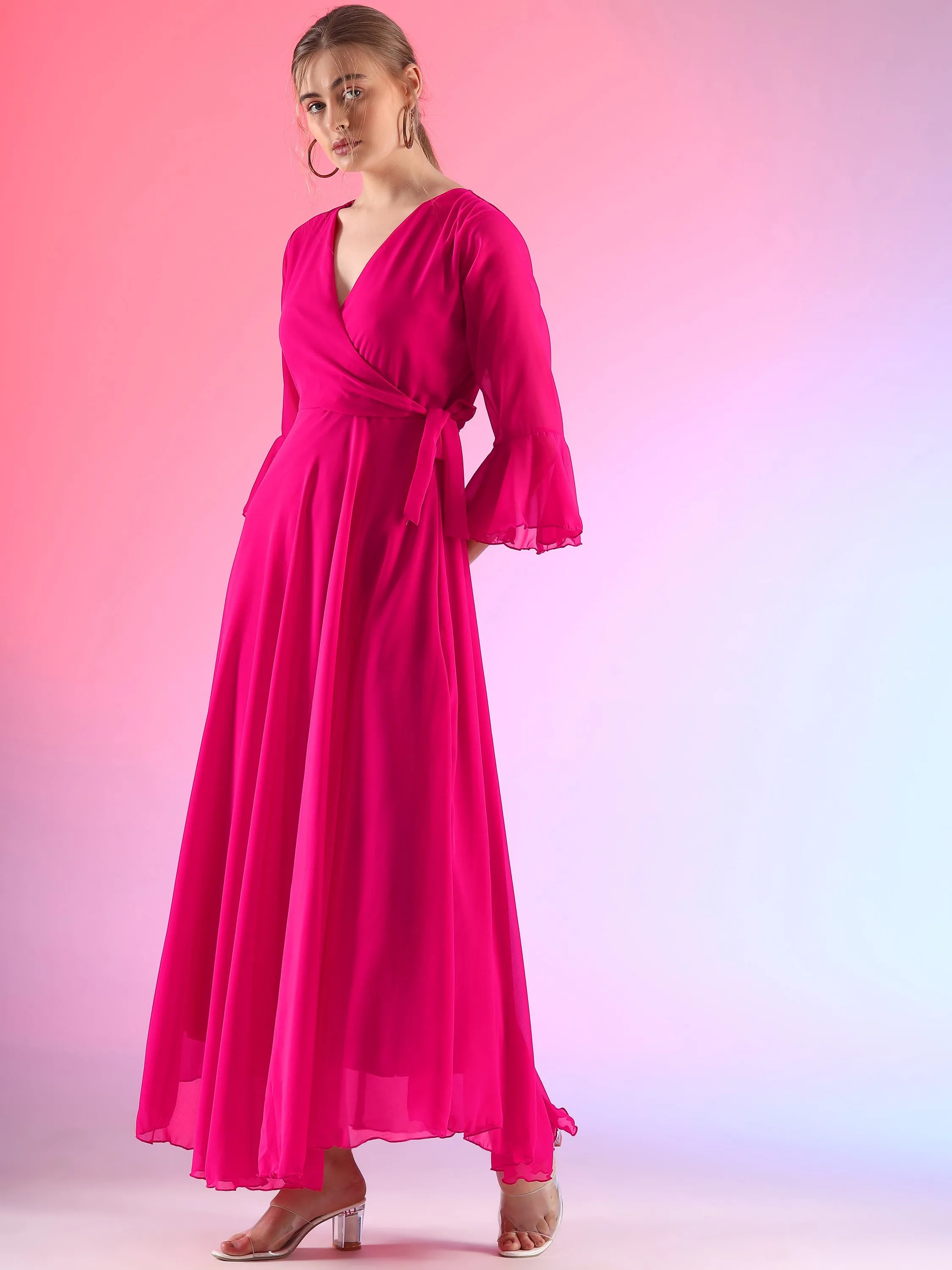 Women Solid V-Neck Flare Sleeve Fit and Flare Maxi Dress