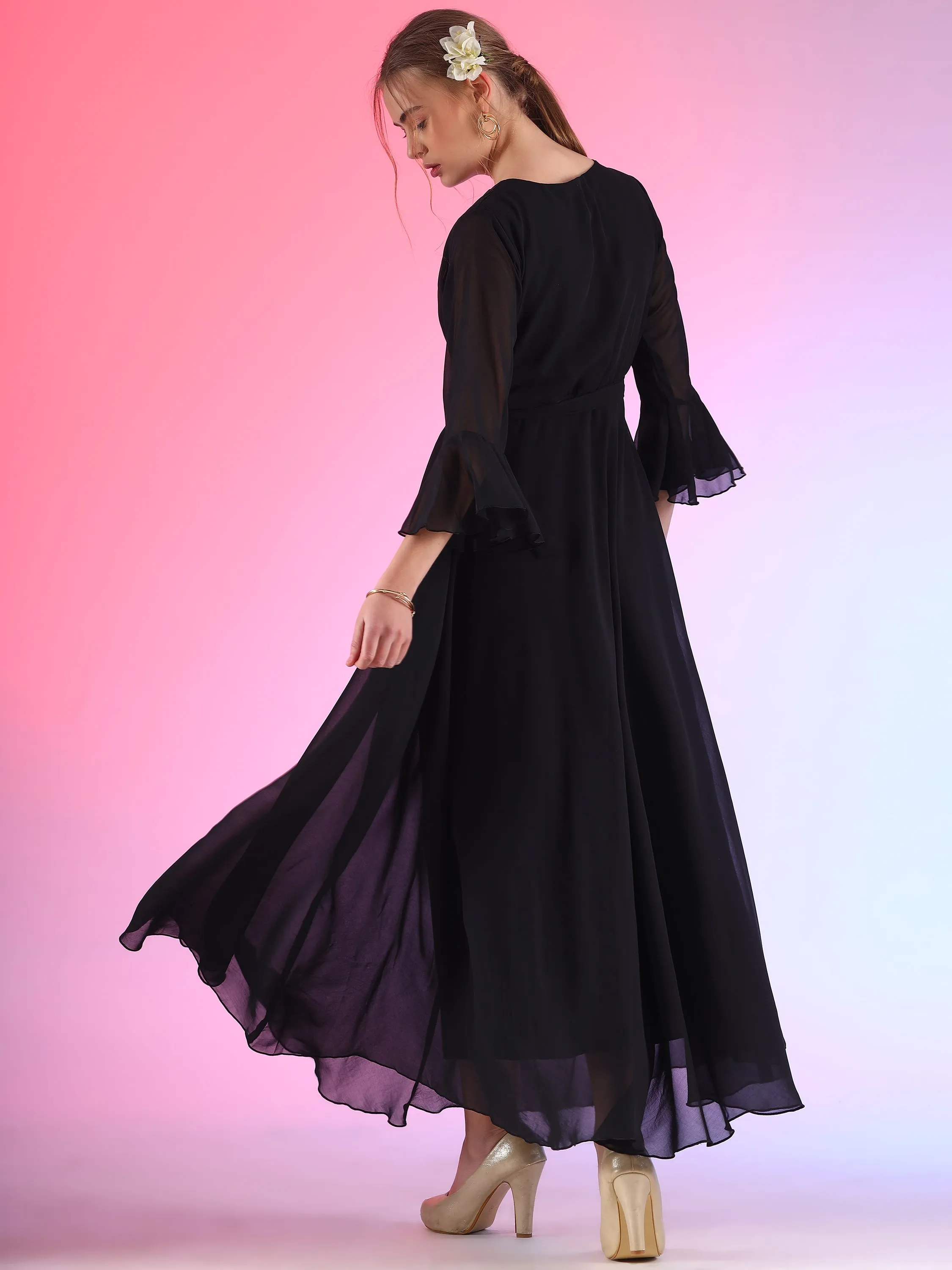 Women Solid V-Neck Flare Sleeve Fit and Flare Maxi Dress