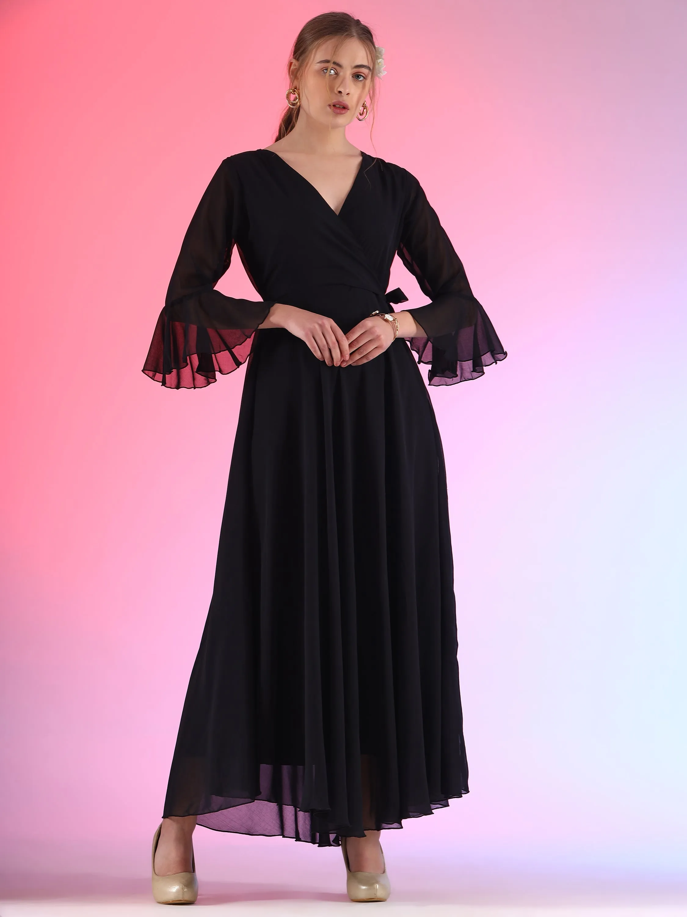 Women Solid V-Neck Flare Sleeve Fit and Flare Maxi Dress