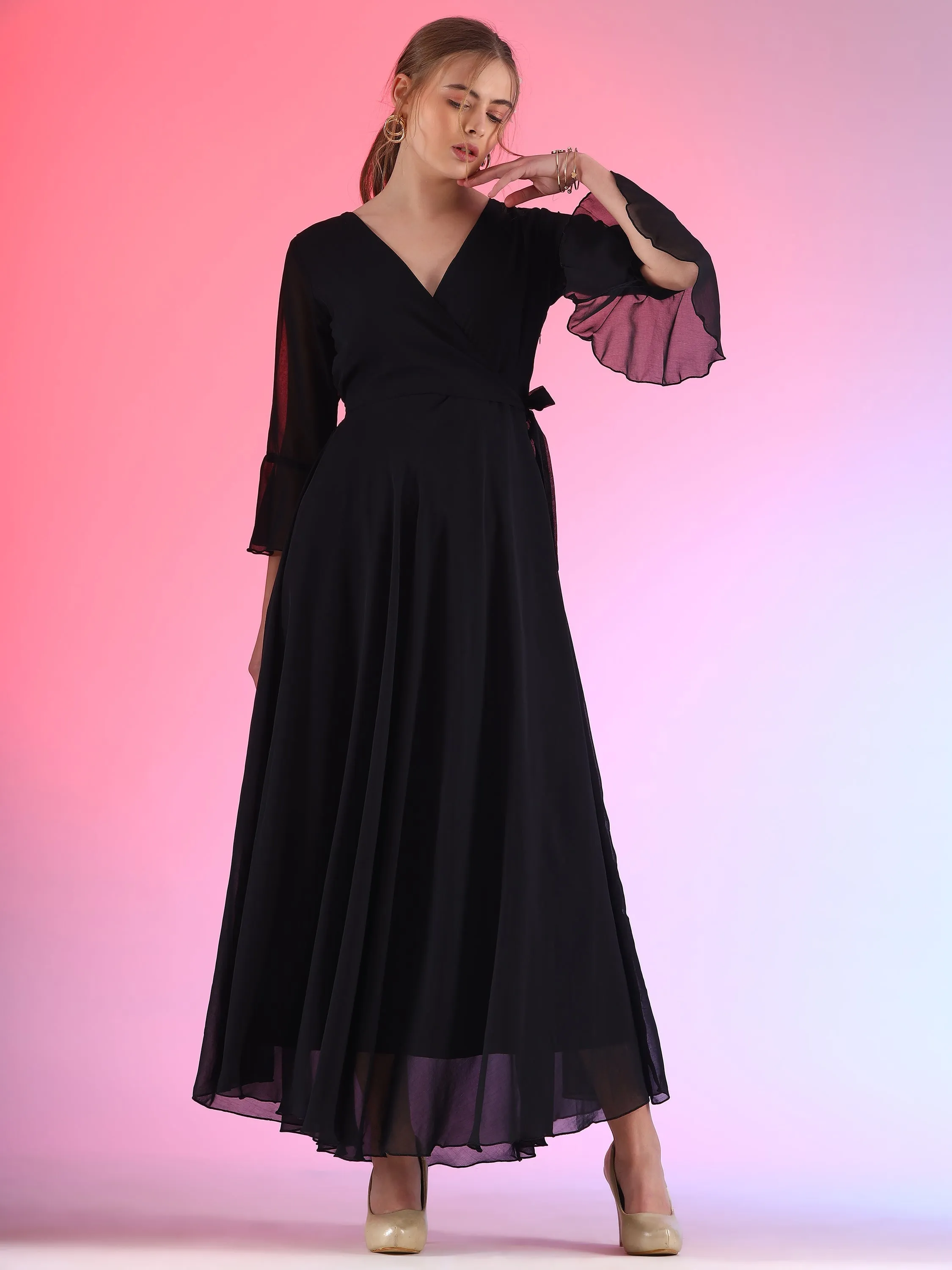 Women Solid V-Neck Flare Sleeve Fit and Flare Maxi Dress