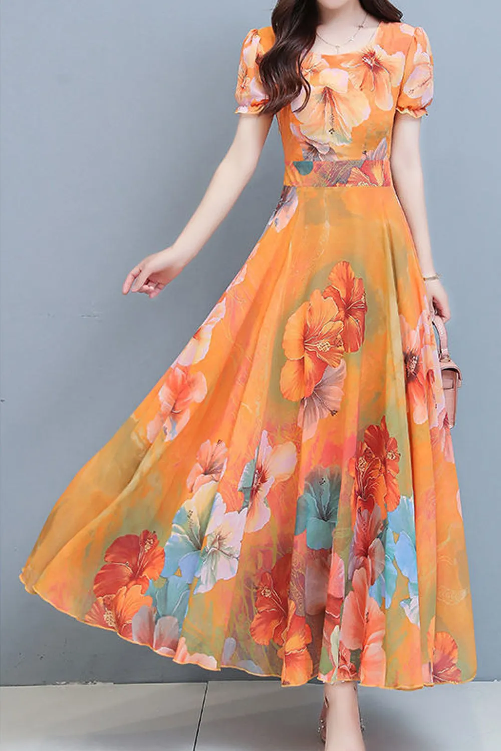 Women Thin Short Sleeve Restful Round Neck Long-Length Superb Printed Pattern Summer Party Dress - WD67373