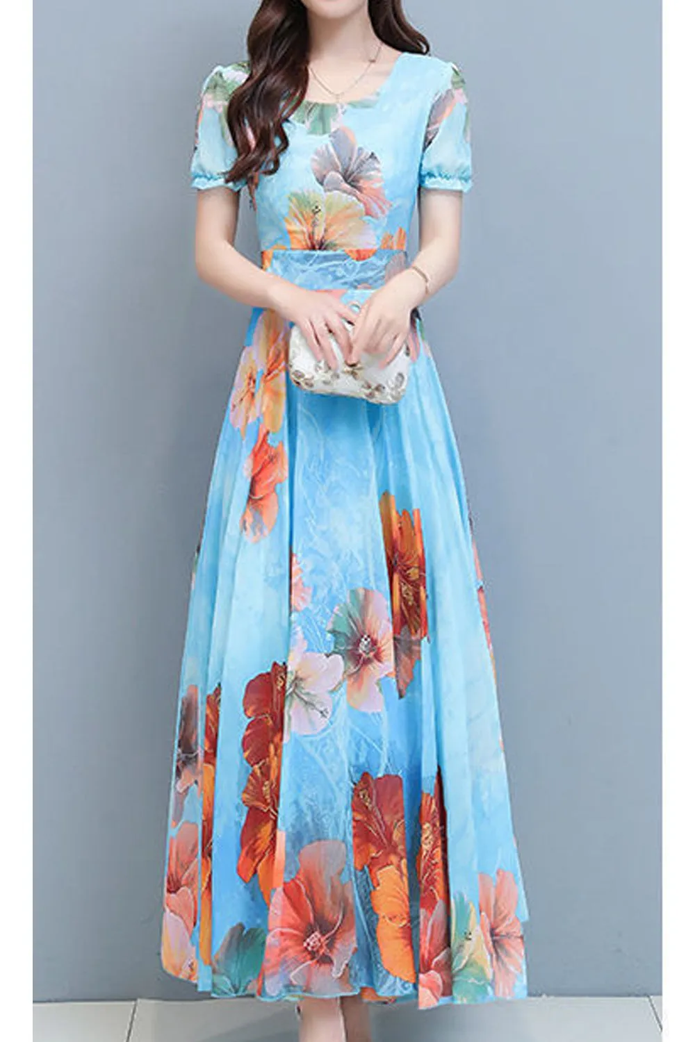 Women Thin Short Sleeve Restful Round Neck Long-Length Superb Printed Pattern Summer Party Dress - WD67373