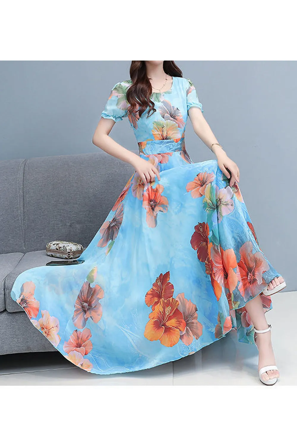 Women Thin Short Sleeve Restful Round Neck Long-Length Superb Printed Pattern Summer Party Dress - WD67373