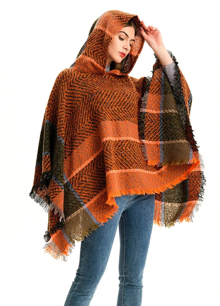 Women's Herringbone Striped Pattern Hooded Poncho