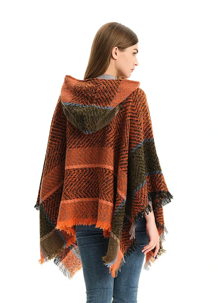 Women's Herringbone Striped Pattern Hooded Poncho