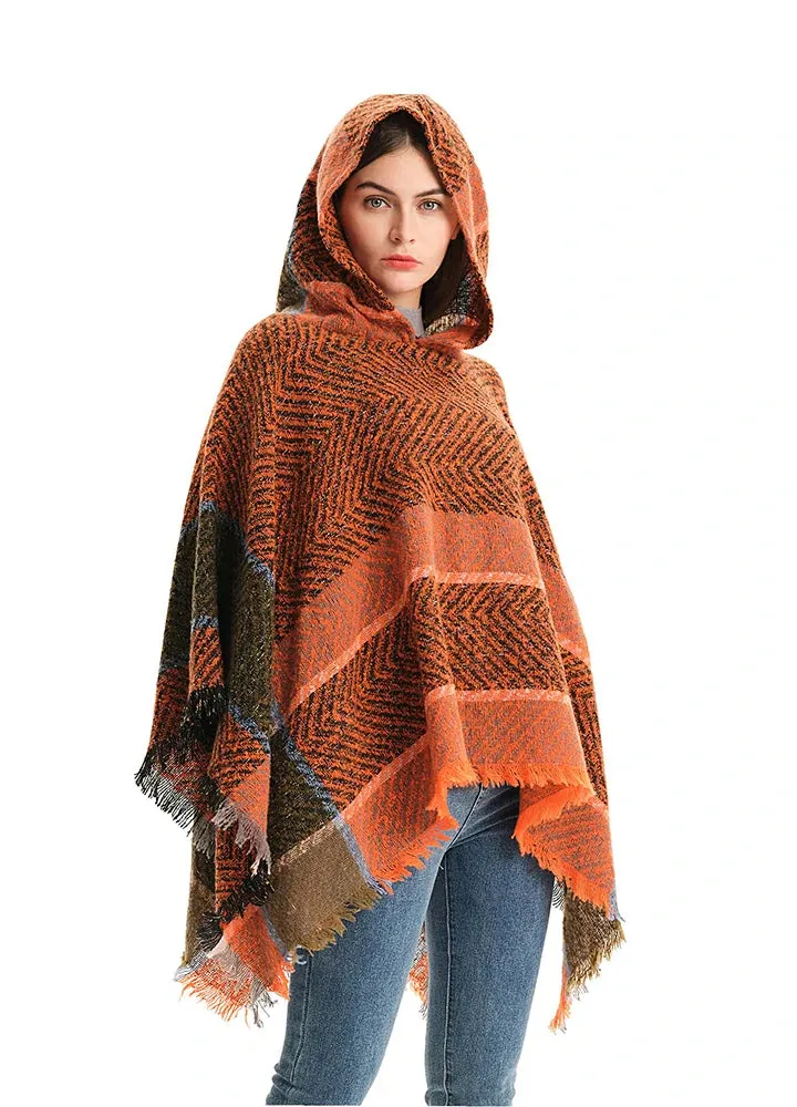 Women's Herringbone Striped Pattern Hooded Poncho