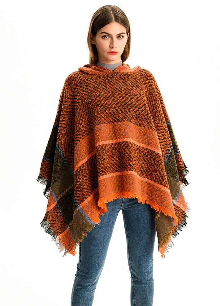 Women's Herringbone Striped Pattern Hooded Poncho