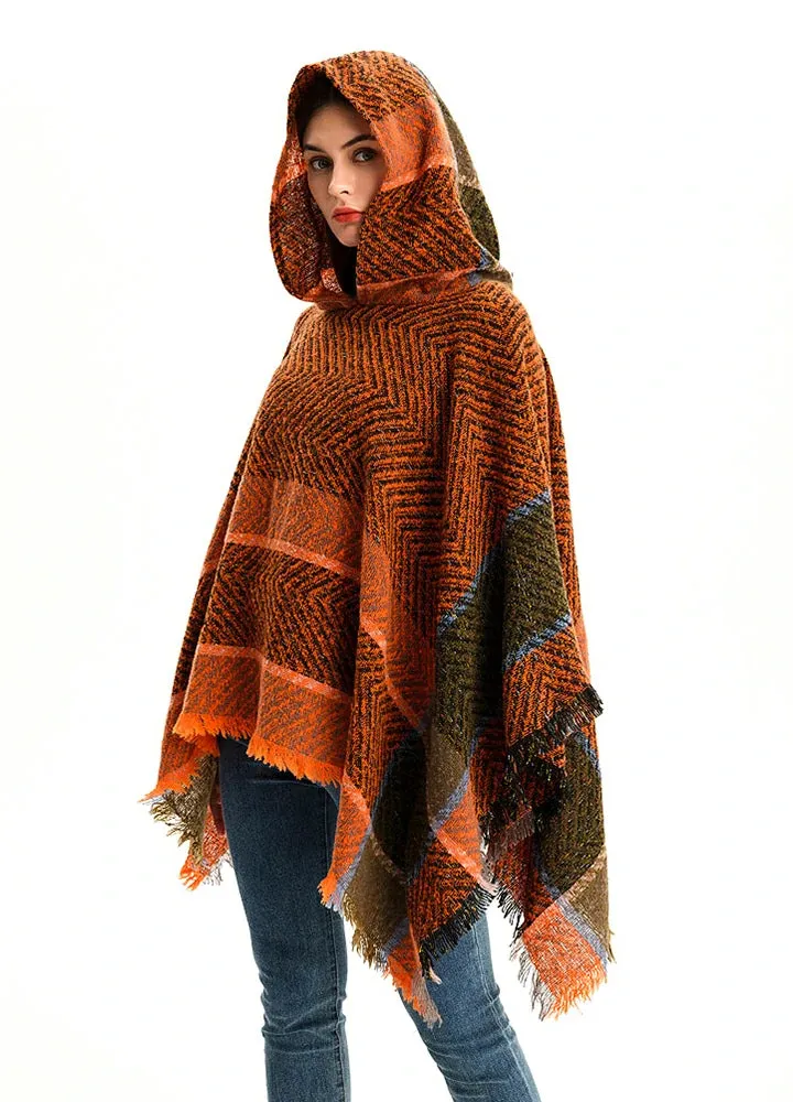 Women's Herringbone Striped Pattern Hooded Poncho