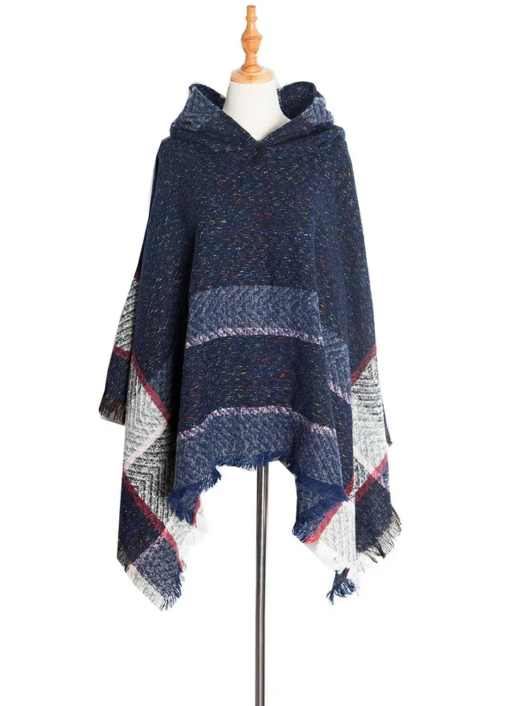 Women's Herringbone Striped Pattern Hooded Poncho