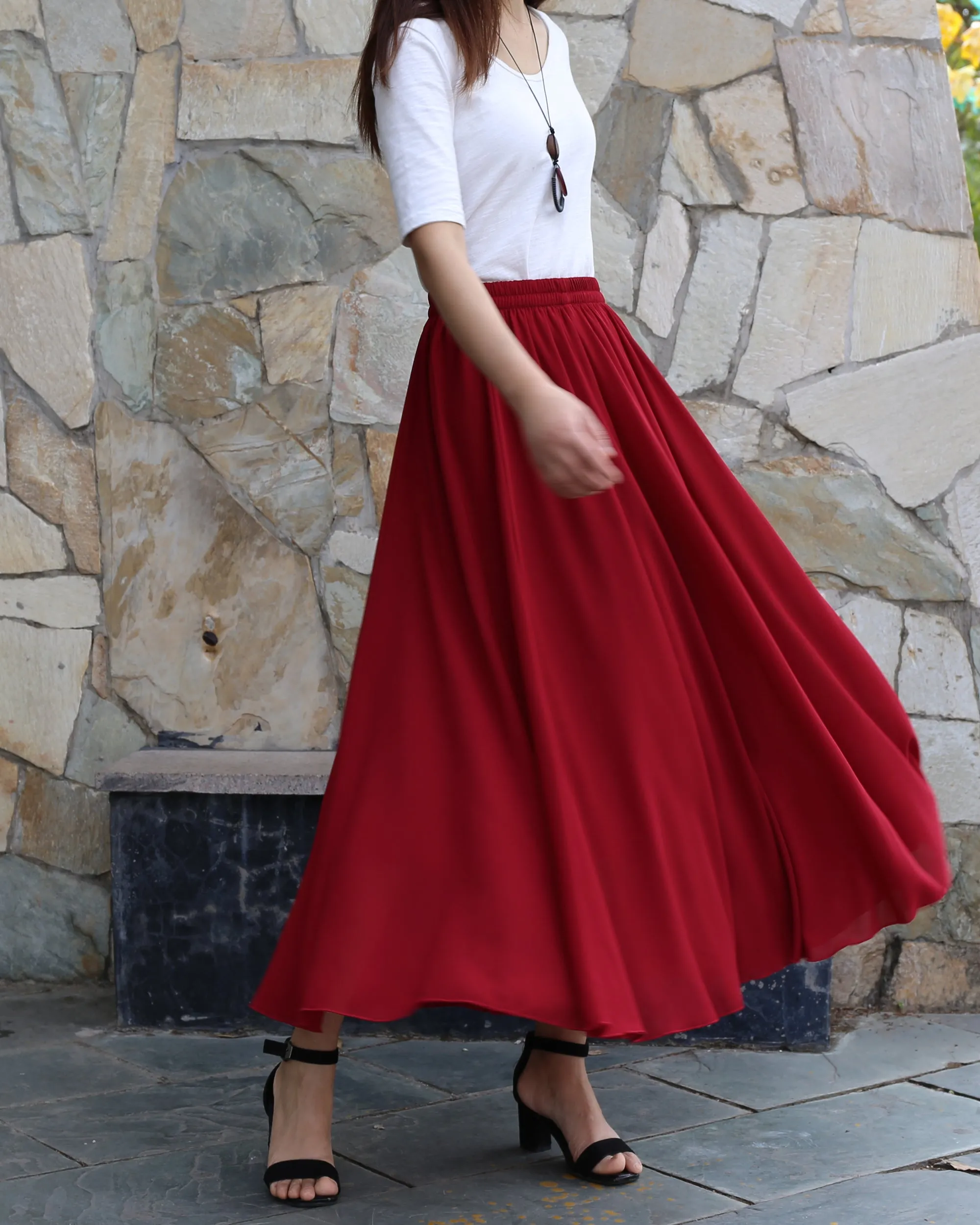 Women's maxi skirt, elastic waist skirt, chiffon skirt, long skirt, A-line skirt, customized summer skirt(Q2021)