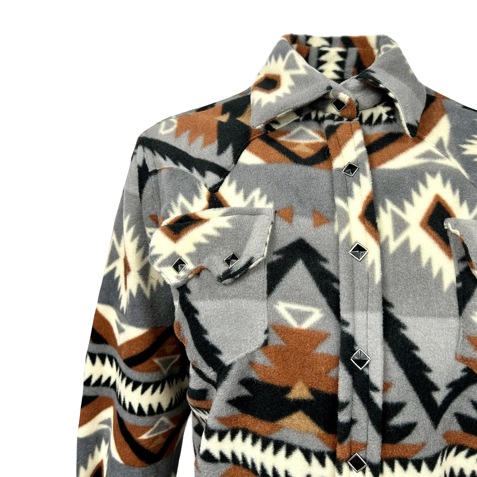 Women's Native Pattern Fleece Western Shirt in Grey & Brown