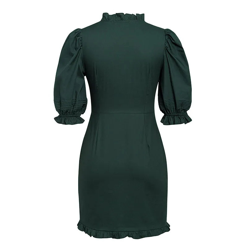 Women's Summer Sheath V-Neck Puff-Sleeved Dress