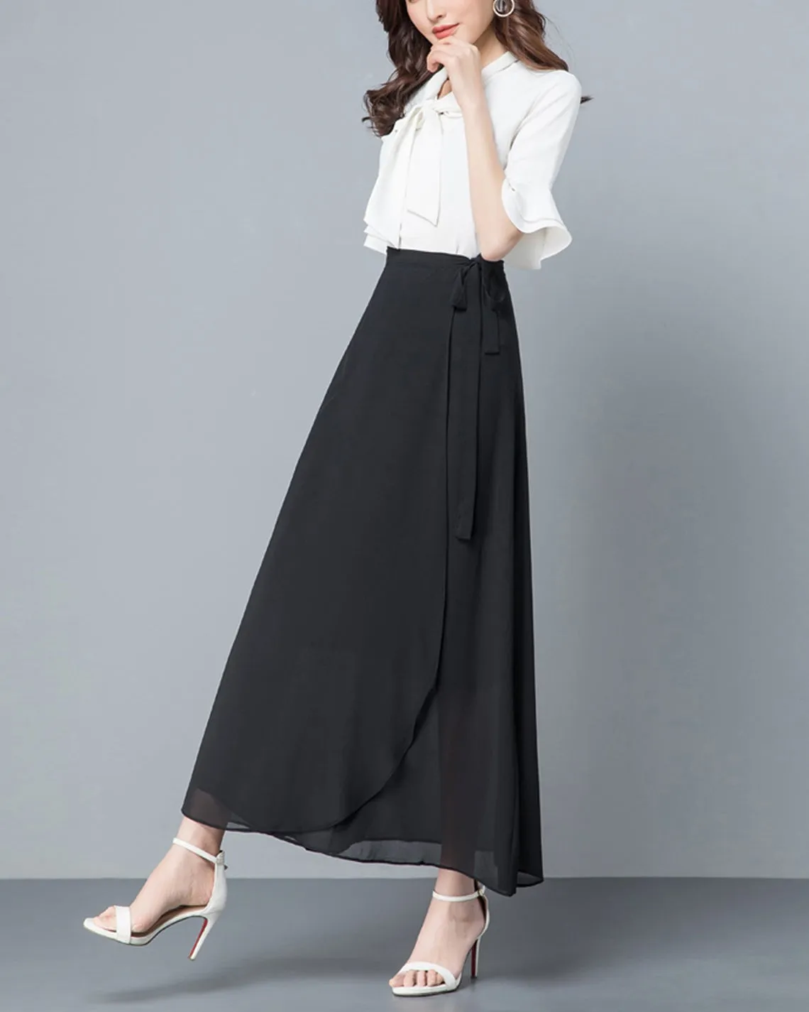 Women's wrap skirt, chiffon midi skirt, A-line skirt, long skirt, high waist skirt, flare skirt, plus size skirt, customized skirt A0014