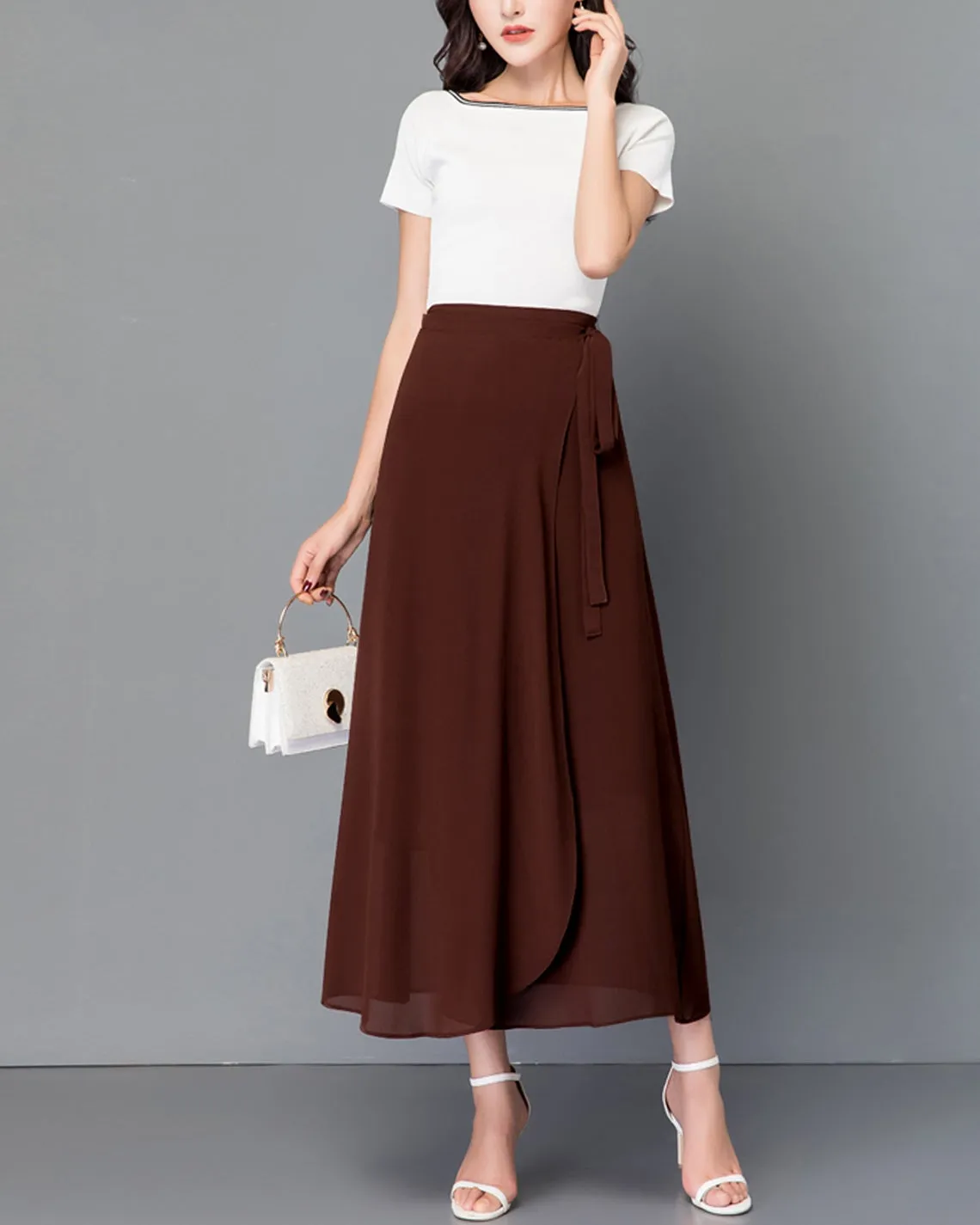 Women's wrap skirt, chiffon midi skirt, A-line skirt, long skirt, high waist skirt, flare skirt, plus size skirt, customized skirt A0014