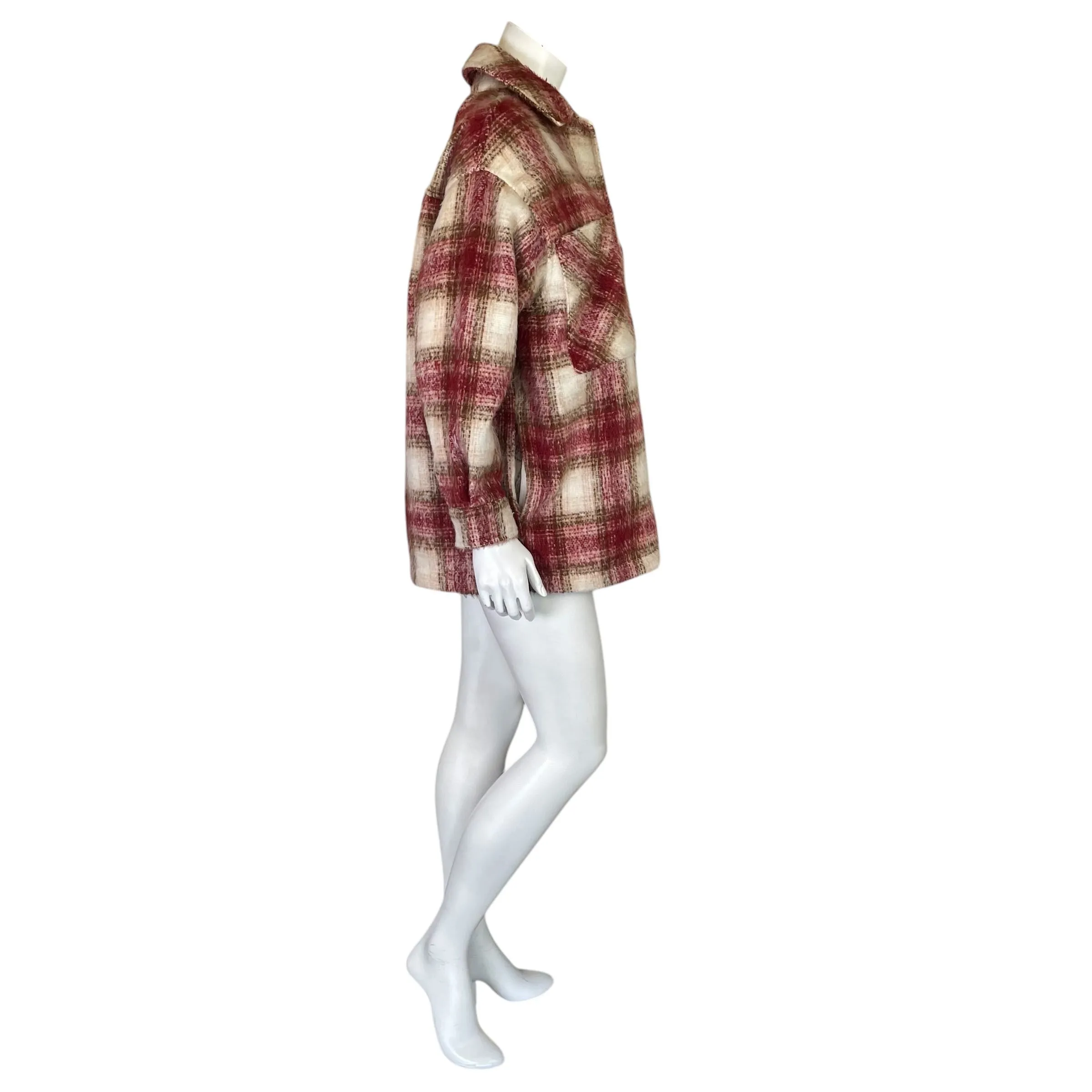 Zara | Women's Cream and Red Plaid Print Shacket | Size: M